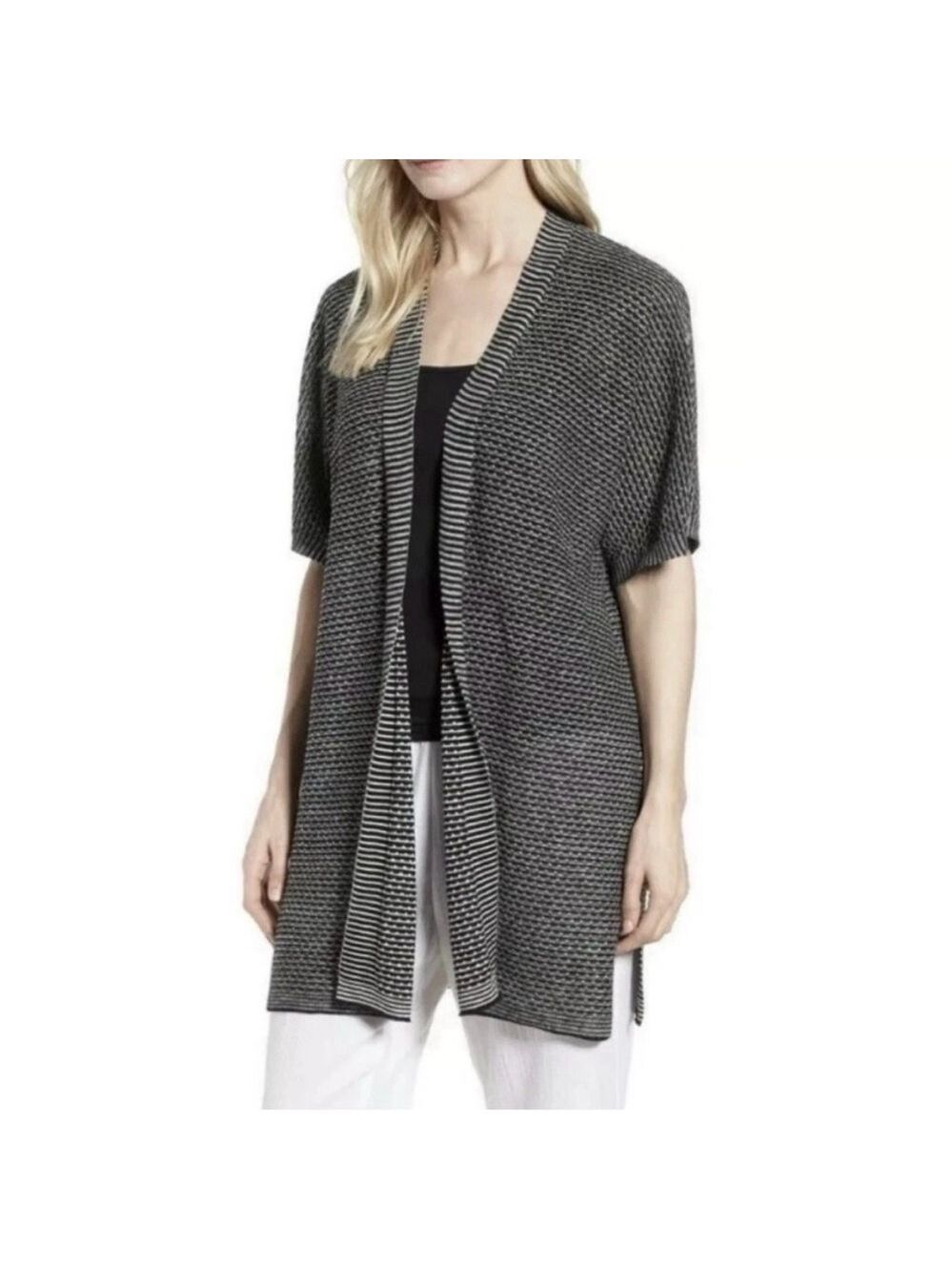 Eileen Fisher Linen Short Sleeve Knit Cardigan Women S Gray Striped